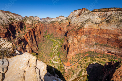 Scenic drive road in the valley at Big Bend under Touchstone Wall in Zion Canyon and taken from Angel's Landing, Zion National Park, Utah, USA photo