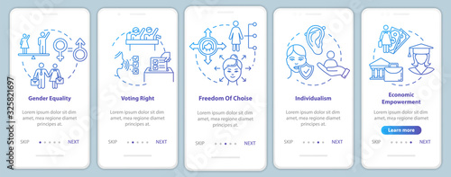 Sexual equality onboarding mobile app page screen with concepts. Fighting against gender stereotypes walkthrough 5 steps graphic instructions. UI vector template with RGB color illustrations
