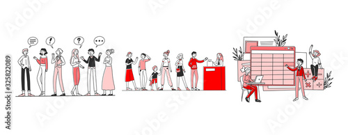 Communication in society set. People talking with speech bubbles, queue at checkout, classroom. Flat vector illustrations. Public place, talk concept for banner, website design or landing web page