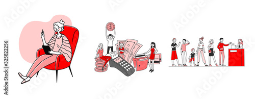 People doing shopping set. Using tablet at home, getting cash back for purchase, queue at checkout. Flat vector illustrations. Customers, payment concept for banner, website design or landing web page