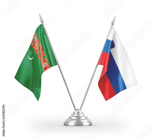 Slovenia and Turkmenistan table flags isolated on white 3D rendering photo