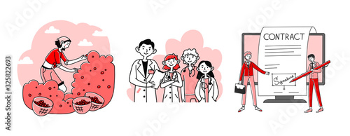 Medicine, farming, business occupations set. Gardener picking fruits, doctors, businesspeople. Flat vector illustrations. Lifestyle, work, job concept for banner, website design or landing web page