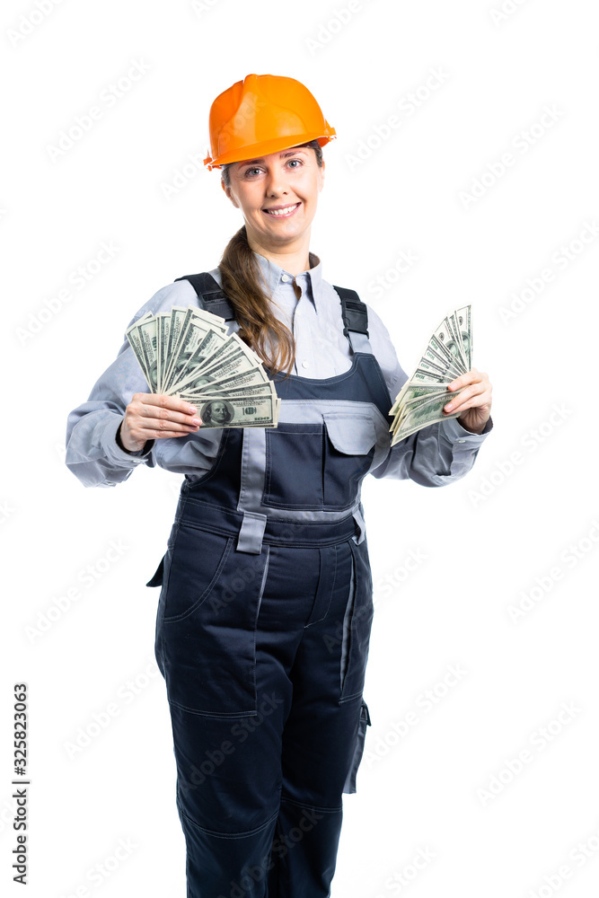 construction worker girl. The girl earned a lot of money and is very happy about it. Isolated construction worker girl. The girl earned a lot of money and is very happy about it. Isolated