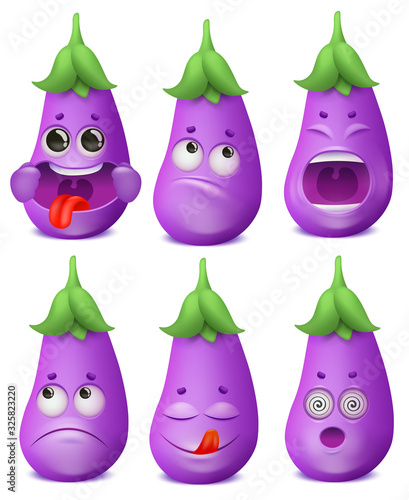 Eggplant emoji cartoon character set. Various emotions. Happiness, yummy, sadness, shock, shout