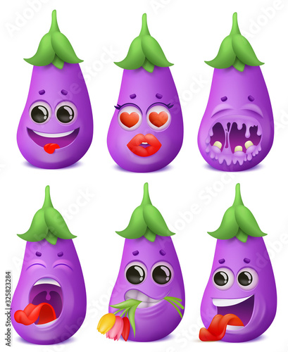 Eggplant emoji cartoon character set. Various emotions. Funny, love, romantic, pain,
