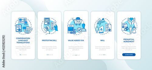 Document confirmation onboarding mobile app page screen with concepts. Notarization. Protesting bill. Walkthrough 5 steps graphic instructions. UI vector template with RGB color illustrations