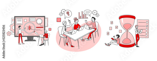 Work on startup set. Developers testing software, planning tasks. Flat vector illustrations. Teamwork, brainstorming, discussion, business concept for banner, website design or landing web page