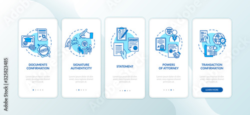 Legal consultation onboarding mobile app page screen with concepts. Legalization procedures. Walkthrough 5 steps graphic instructions. UI vector template with RGB color illustrations