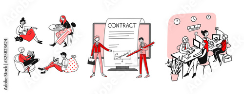Education and contract set. Students reading books, clients visiting bank office. Flat vector illustrations. Studying, learning, loan concept for banner, website design or landing web page