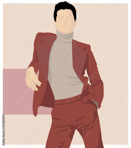 Young guy dressed stylishly in red suit and pastel golf. Abstract illustration. Fashion Style.