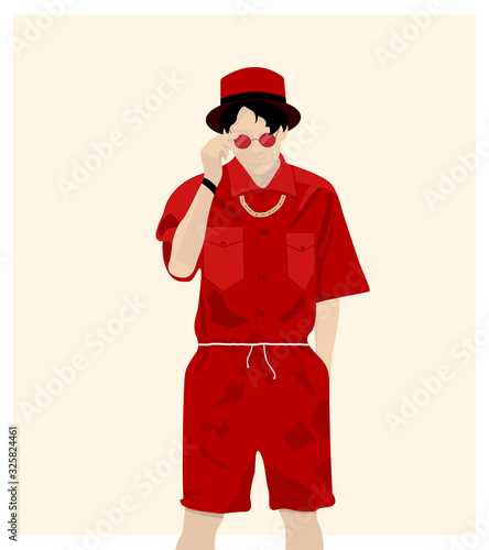 Young guy dressed stylishly in red overalls and glasses. Abstract illustration. Fashion Style.