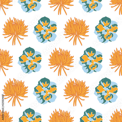 Succulants Tile-Houseplants seamless repeat pattern. Fresh succulent pattern background in green, blue, orange and white. Surface repeat pattern design Perfect for fabric, scrap book,wallpaper photo