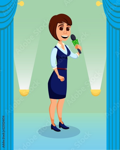 Creative Woman Giving Talk on Stage to Audience. Cartoon Reporter, Show Diva Character. Flat Podium with Lighting and Curtains. Female Interview Host. Journalist with Microphone. Vector Illustration
