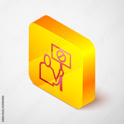 Isometric line Nature saving protest icon isolated on grey background. Earth planet protection, environmental issues demonstration. Yellow square button. Vector Illustration