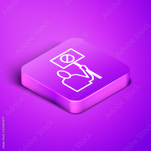 Isometric line Nature saving protest icon isolated on purple background. Earth planet protection, environmental issues demonstration. Purple square button. Vector Illustration