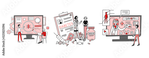 Disease and treatment set. Patient suffering from diabetes, consulting doctor online. Flat vector illustrations. Medicine, healthcare, diagnosis concept for banner, website design or landing web page