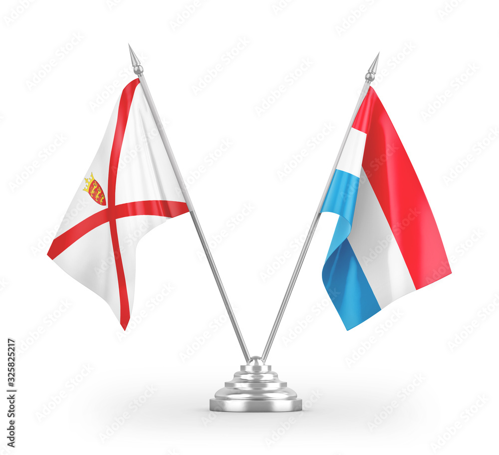 Luxembourg and Jersey table flags isolated on white 3D rendering Luxembourg and Jersey table flags isolated on white 3D rendering