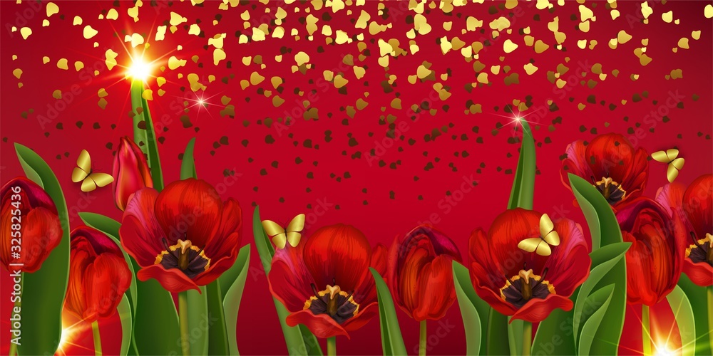 Obraz premium Tulips in the spring on a scarlet background. Discounts, sale, greeting card, banner, suitable for holidays: March 8, women's day, poster for spring, birthday, wedding