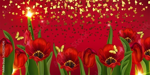 Tulips in the spring on a scarlet background. Discounts, sale, greeting card, banner, suitable for holidays: March 8, women's day, poster for spring, birthday, wedding