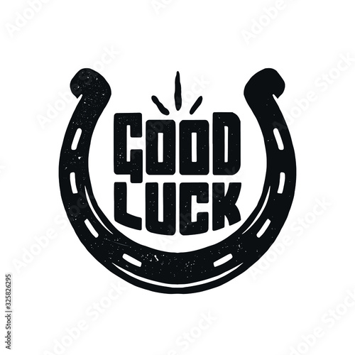 Good Luck lettering. Horseshoe symbol, emblem, logo
