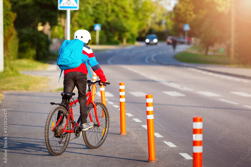 Fototapeta premium Child with rucksack riding on bike in the park near school