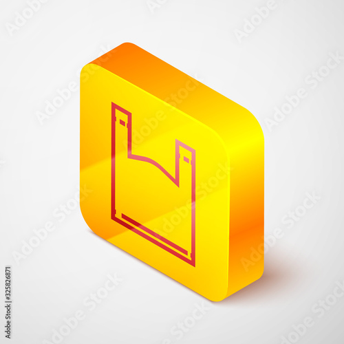 Isometric line Plastic bag icon isolated on grey background. Disposable cellophane and polythene package prohibition sign. Yellow square button. Vector Illustration