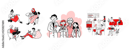 Healthcare and leisure set. Students reading books, coffee shops, doctor team. Flat vector illustrations. Health, break, lifestyle concept for banner, website design or landing web page