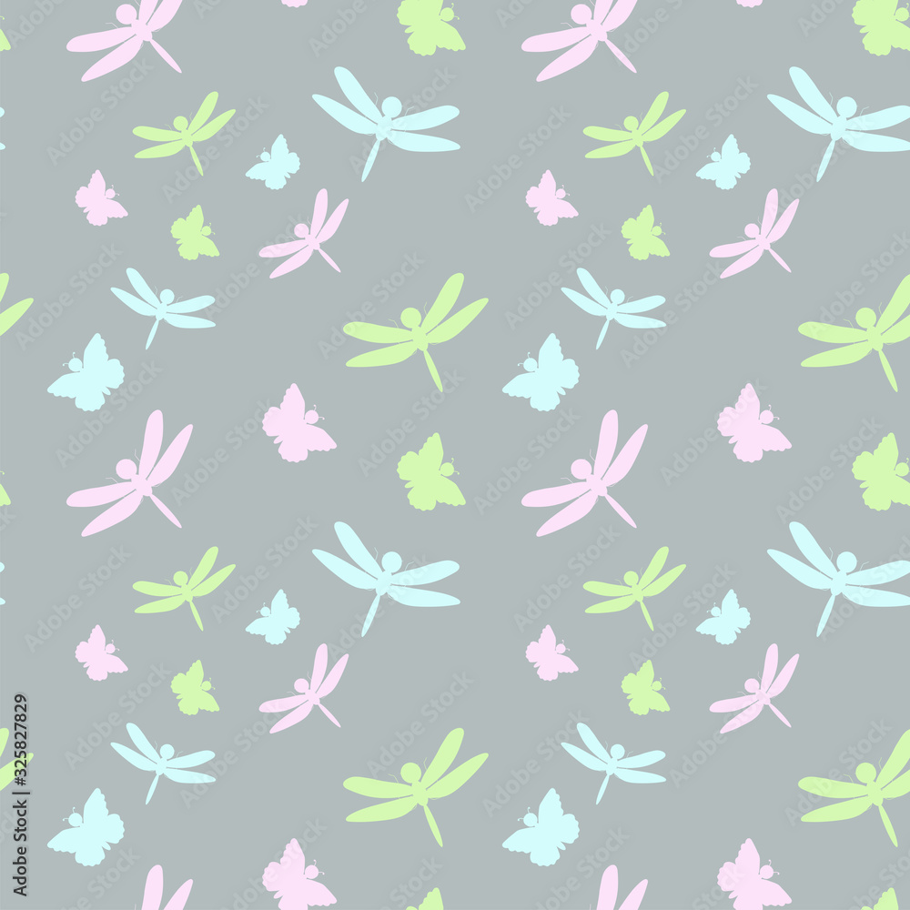 Seamless pattern with dragonflies and butterflies in different colors on grey background. Flat vector illustration.