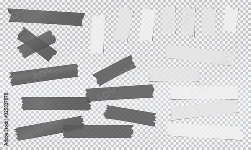 White nad black different size adhesive, sticky, masking, duct tape, paper pieces are on squared gray background