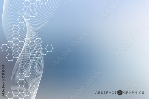 Structure molecule and communication. Dna, atom, neurons. Scientific concept for your design. Connected lines with dots. Medical, technology, chemistry, science background. Vector illustration.
