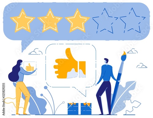 Rate Services and Users Experience Flat Metaphor. Three Star Rating Evaluation. Completed Level. Carton Man and Woman Painting Thumbs up Sign. Social Media Marketing. Vector Illustration