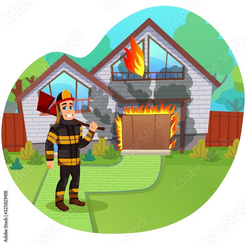 Two Storey Suburban House with Garage in Quiet Street Is on Fire. Courageous Fireman, Holding Axe, with White Toothy Smile. Man in Protective Clothing as Safety Guarantee. Cute Cartoon Character.