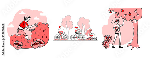 Summer outdoor activities set. People picking fruits, apples, berries, riding bikes. Flat vector illustrations. Gardening, lifestyle, hobby concept for banner, website design or landing web page