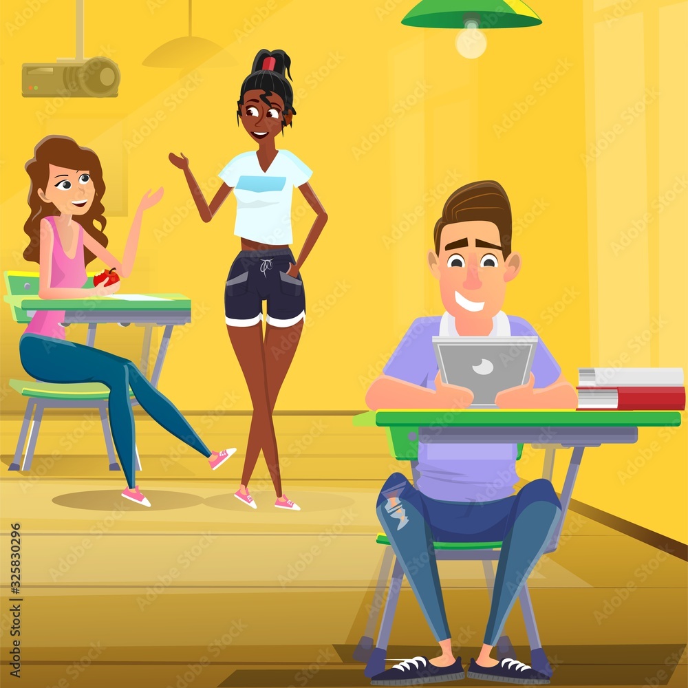 Informative Poster, Student Relax in Classrom. Between Lessons, Students in Class. Spotlight is Hanging in Background and Two Girls are Talking, one them as Eating Apple. Front Guy Use Tablet. Informative Poster, Student Relax in Classrom. Between Lessons, Students in Class. Spotlight is Hanging in Background and Two Girls are Talking, one them as Eating Apple. Front Guy Use Tablet.