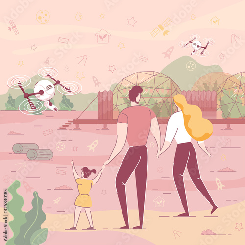 Bright Banner Colonization Colonized Planet People. Permanent Stay Person Outside Earth, Settlement Maintains Environmental Parameters Within Livable Limits. Family Walks around Colony.