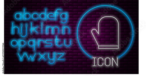 Glowing neon line Oven glove icon isolated on brick wall background. Kitchen potholder sign. Cooking glove. Neon light alphabet. Vector Illustration