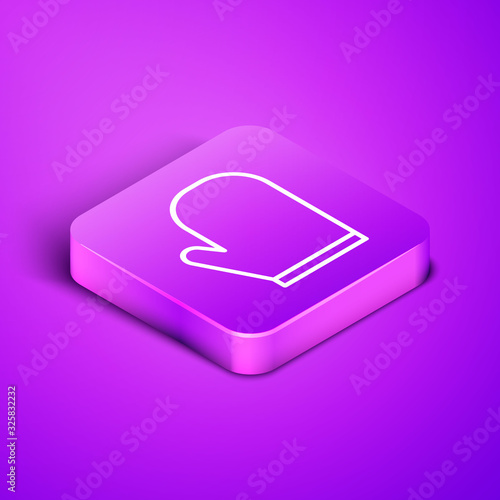 Isometric line Oven glove icon isolated on purple background. Kitchen potholder sign. Cooking glove. Purple square button. Vector Illustration