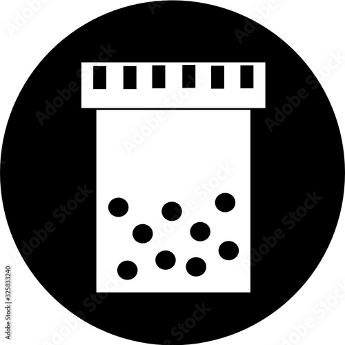 Medical pill in black circle icon. Medicine, pharmacy, hospital of drugs. Medication, pharmaceutics concept. Vector illustration. Drugs flat icon: pill, capsule. Healthcare medicine icon