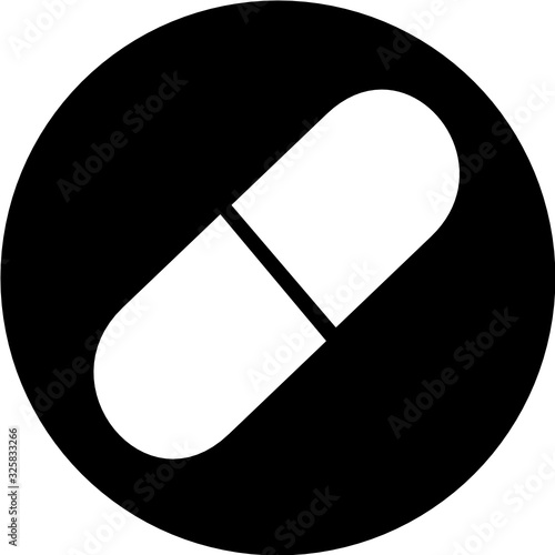 Medical pill in black circle icon. Medicine, pharmacy, hospital of drugs. Medication, pharmaceutics concept. Vector illustration. Drugs flat icon: pill, capsule. Healthcare medicine icon