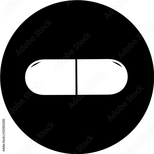 Medical pill in black circle icon. Medicine, pharmacy, hospital of drugs. Medication, pharmaceutics concept. Vector illustration. Drugs flat icon: pill, capsule. Healthcare medicine icon