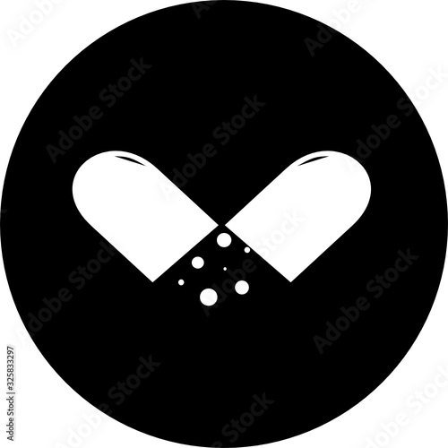 Medical pill in black circle icon. Medicine, pharmacy, hospital of drugs. Medication, pharmaceutics concept. Vector illustration. Drugs flat icon: pill, capsule. Healthcare medicine icon