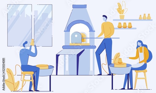 Pottery Hobby Flat Vector Illustration. Clay Crafting Workshop, Art Classes, Handcraft Courses. People enjoying Craftsmanship Hobby. Students Creating Ceramic Pots, Earthenware Cartoon Characters
