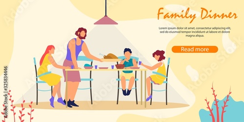Happy Family Having Roasted Chicken as Meal for Dinner. Parents and Kids Sitting at Table with Home Food, Father Serving Put Tray with Tasty Dish. Cartoon Flat Vector Illustration, Horizontal Banner
