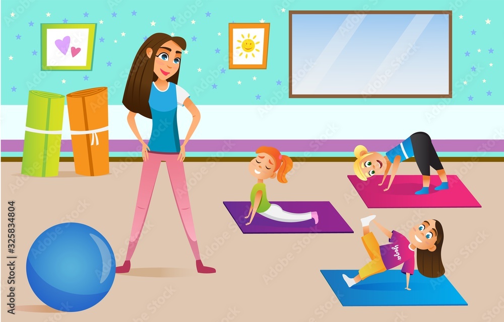 Kids in Physical Education Class in Different Poses Flat Cartoon Vector  Illustration. Children with Teacher Doing Exercises in Gym Room. Healthy  Lifestyle Concept. Sport Equipment. Rubber Mat, Ball. Stock Vector | Adobe