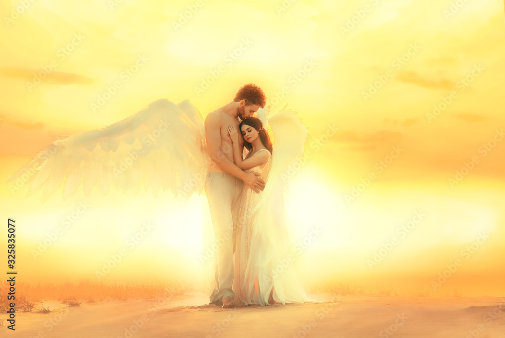 Gentle embrace hug heaven angels with white wings. Sexy Man kiss female  head with long hair pressed against strong male chest Model fantastic  costume pastel colors. Backdrop bright sunny sunset desert Stock
