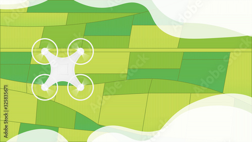 Drone robot fly above agricultural field.
