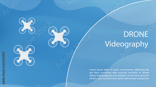 Some drones flying above blue background or sea, ocean, water.