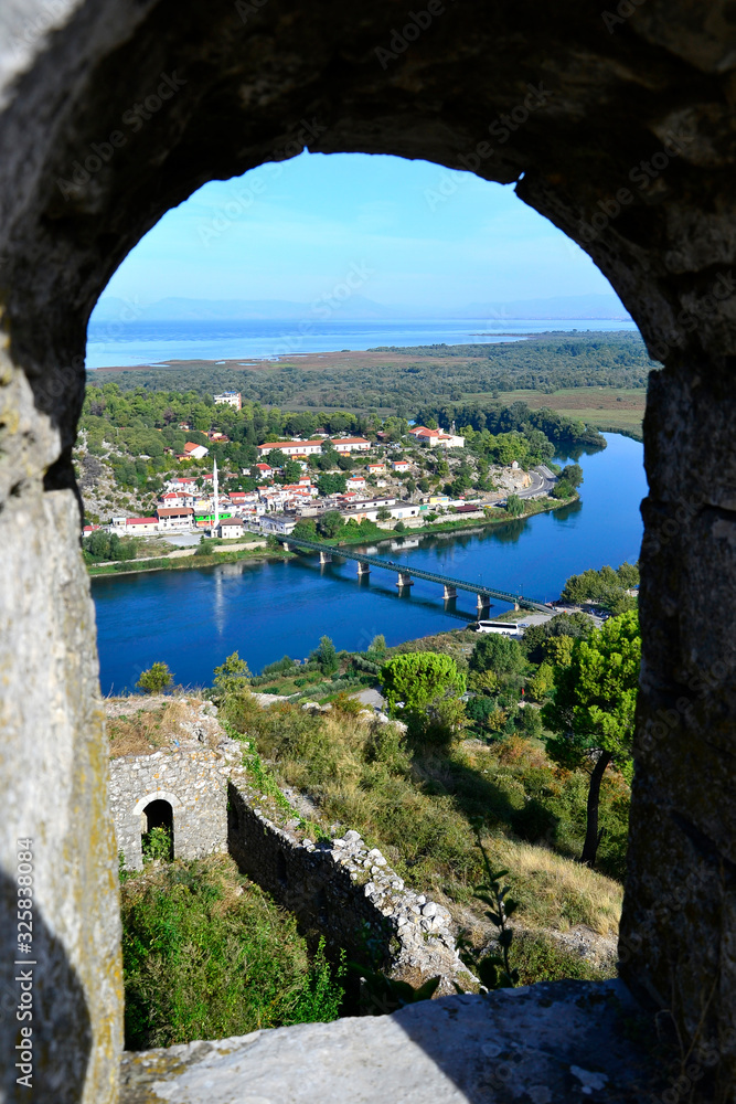 View through the window of Rozafa Fortress in Shkoder(Shkodra), Albania.