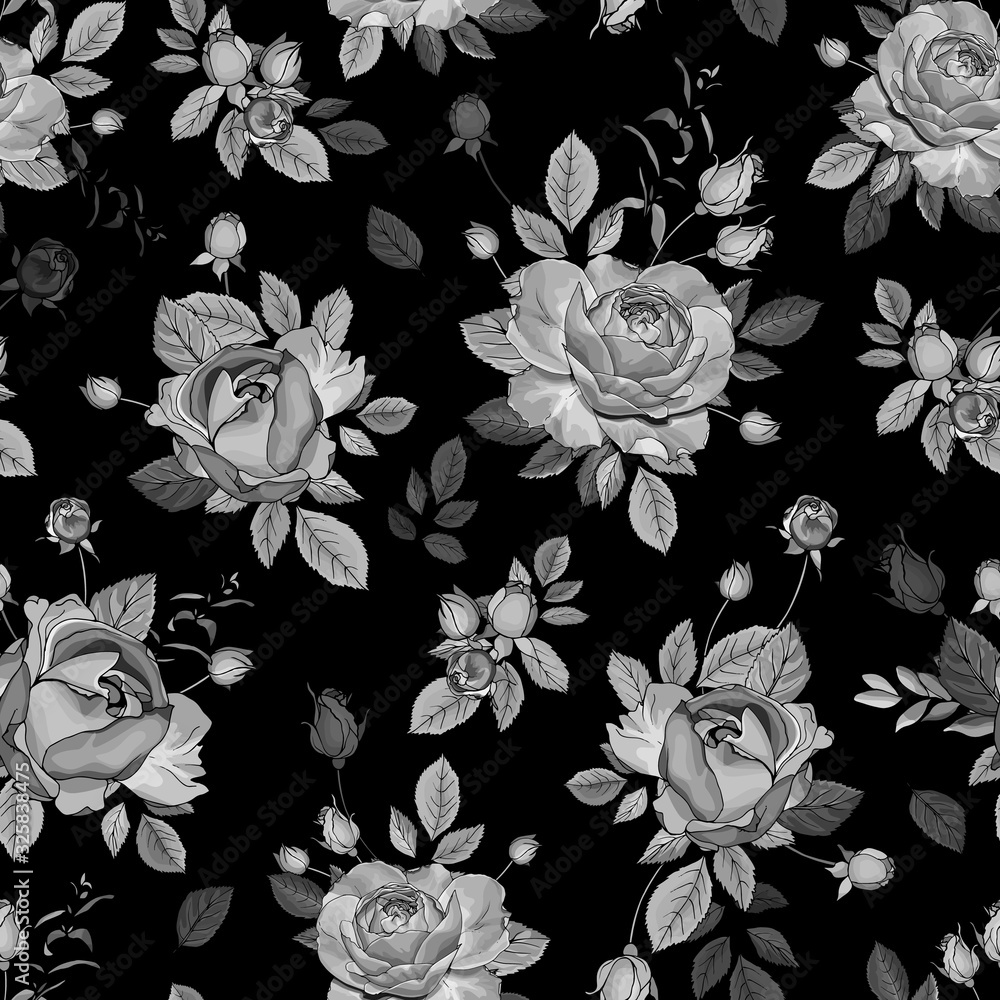 Seamless floral pattern with monochrome flowers rose, buds and leaves ...