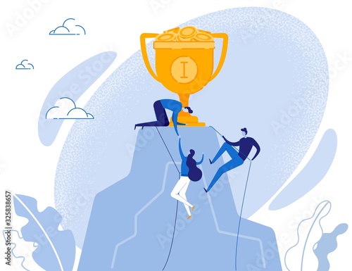 People Team Climbing on Rock with Gold Trophy Cup on Top. Goal Achievement Metaphor. Successful Teamwork and Business Partnership. Personal Improvement and Career Growth. Vector Illustration